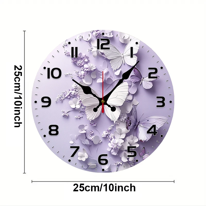 Purple Butterflies Wooden Round Silent Hanging Wall Clock, Suitable For Living Room, Office, Study Room,Bedroom, Home Decoration
