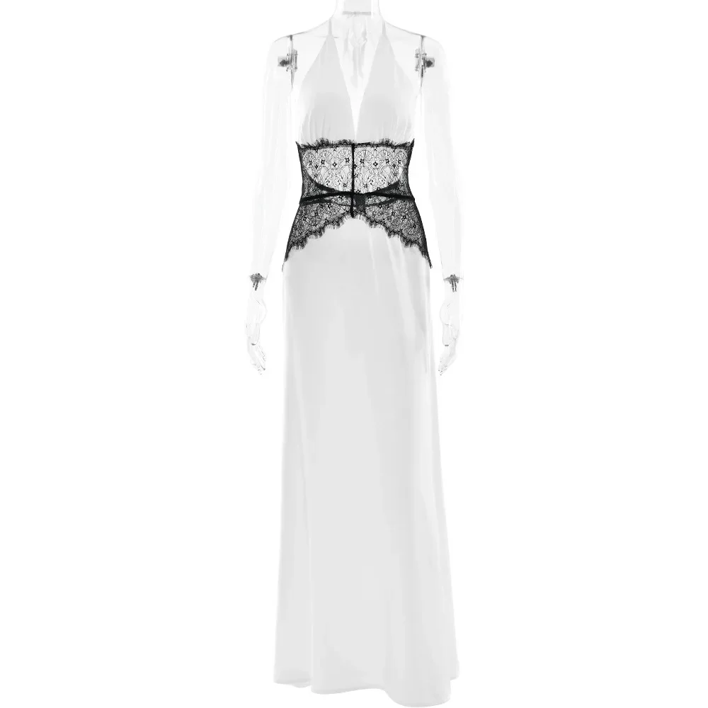 Vestido largo de fiesta de satén sedoso con retazos de encaje transparente para mujer, vestido largo elegante con escote en V profundo y cordones con cuello Halter y espalda descubierta para banquete