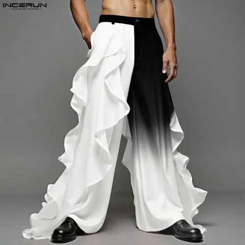 Imagen 2 del producto INCERUN, pantalones para hombre, pantalones de pierna ancha informales con volantes y botones teñidos con gradiente, ropa de calle para hombre, pantalones largos informales holgados a la moda, S-5XL