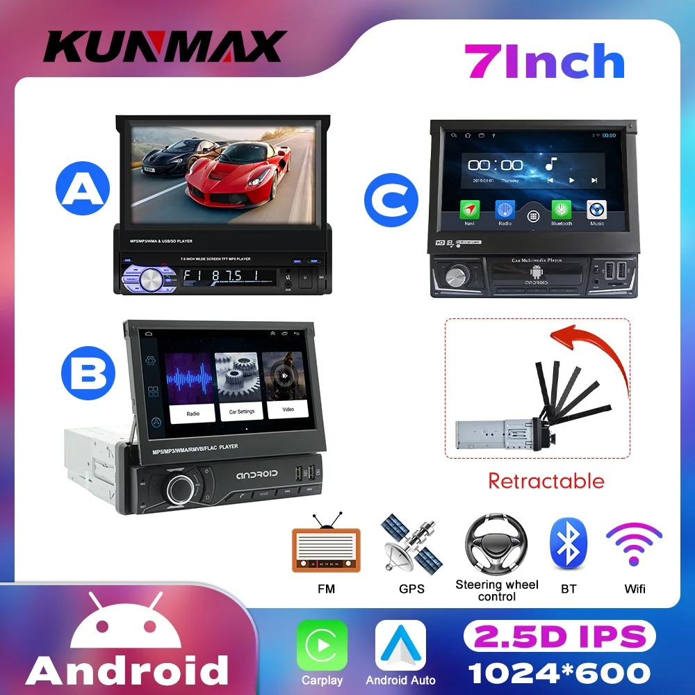 

1Din Android 7" IPS GPS Navigation Universal Retractable Screen Car Radio Multimedia Video Player Central Car Stereo Bluetooth