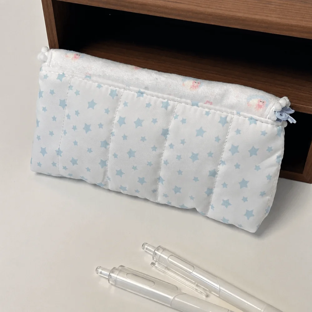 Multi-functional Blue White Quilted Pencil Case Flip-top Bunny Print Pen Bag Large Capacity Pencil Pouch Students