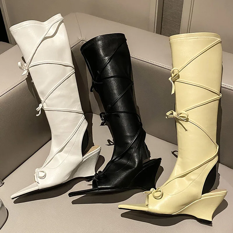 Female Footwear Pointed Toe Women Knee High Modern Boots Fashion Butterfly-Knot Ladies Western Long Boots With Wedges Shoes