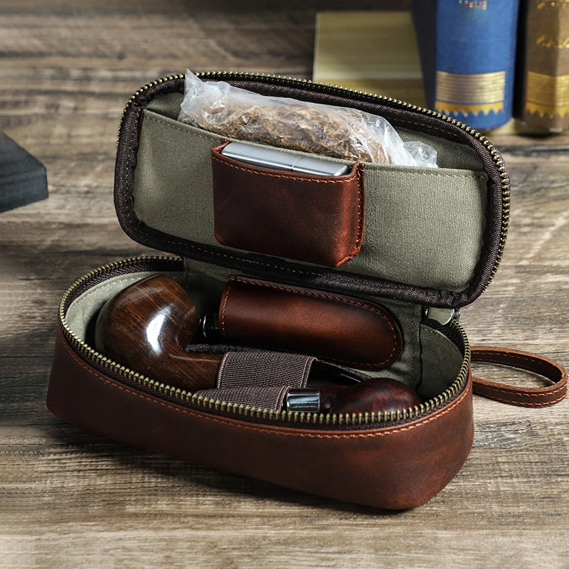 Genuine Leather Tobacco Smoking Pipe Bag for 2 pipes Portable Herb Smoke Pipe Case Smoking Accessories Kit Tools