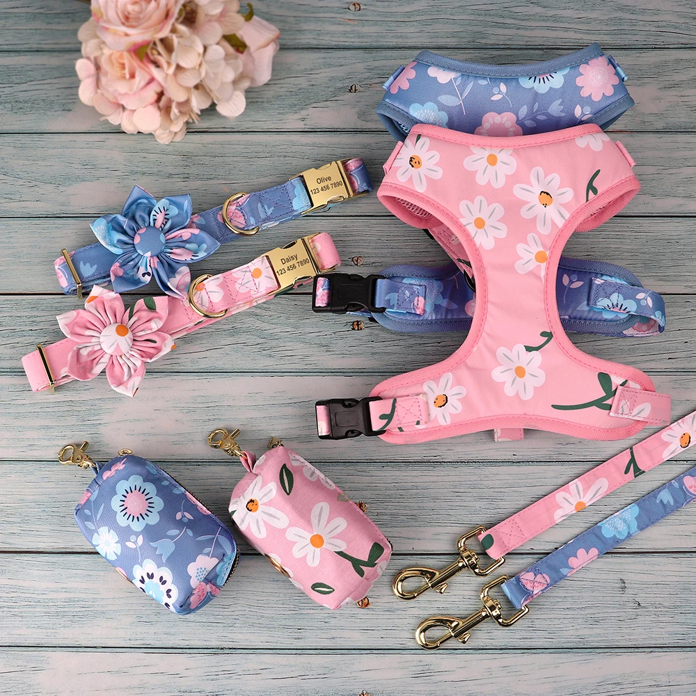 Dog Collar Leash Harness Set with Poop Bag Holder Floral Print Custom Pet Collar Vest 150cm Leashes For Small Medium Large Dog