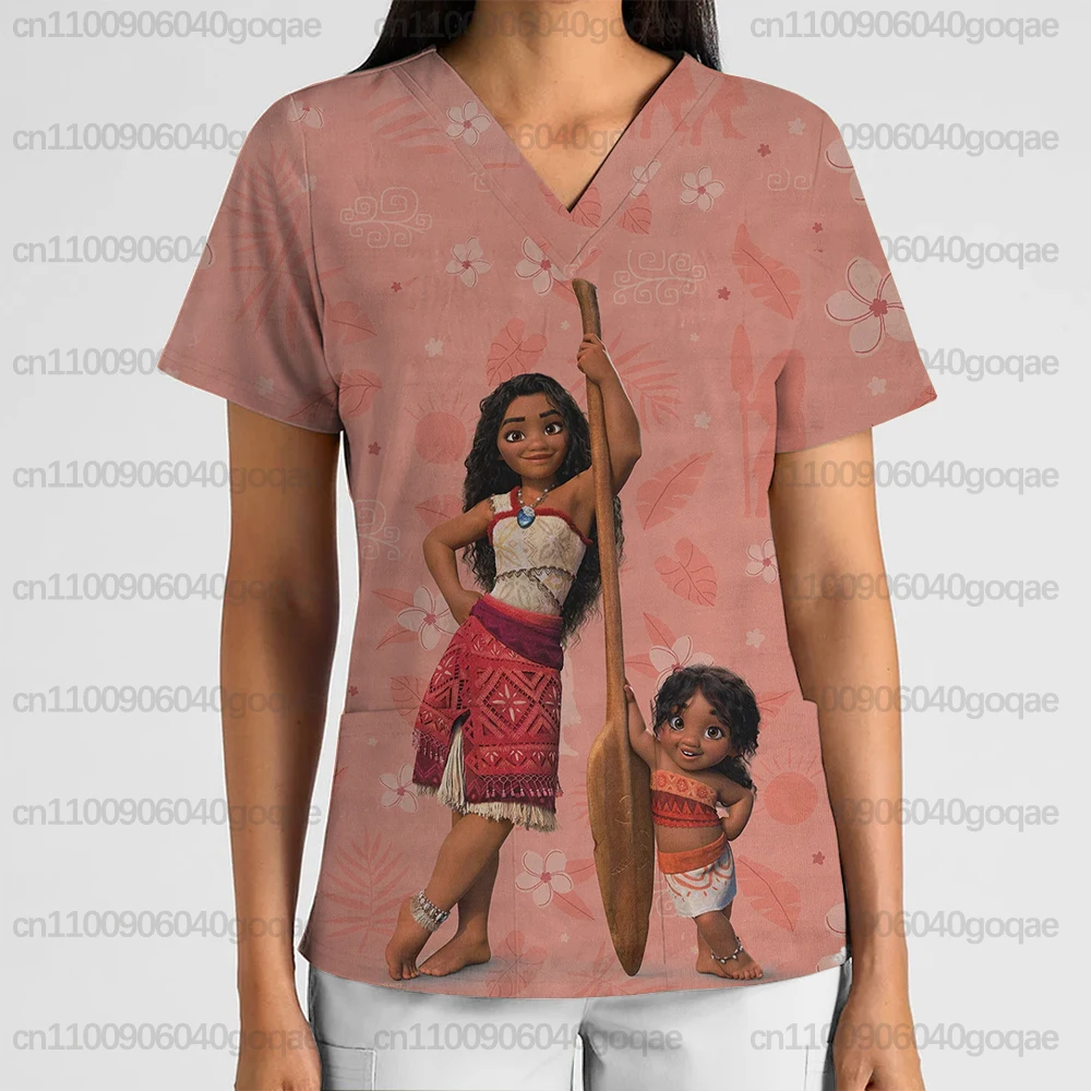 Disney Moana Ocean Girl Print Dames Verpleegstersuniform V-hals Korte Mouw Frosted Top Schoonheidssalon Dierenwinkel Tandarts T-shirt