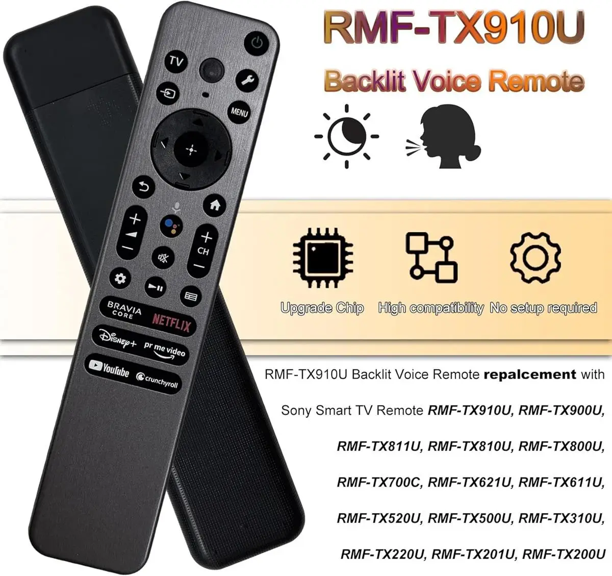 

New Voice Remote Control RMF-TX910U Backlight Fit For Sony Smart TV XR-65A80L KD-65X85L XR-42A90K KD-85X80L XR-65X90L XR-65X95L