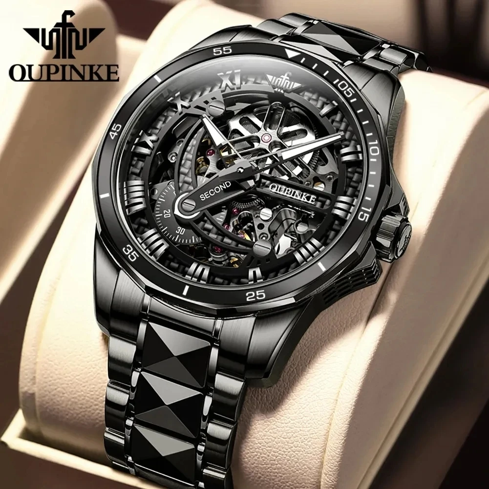 OUPINKE Black Skeleton Men's Wristwatch Luxury Brand Waterproof High Quality Tungsten Steel Automatic Mechanical Luminous Hollow