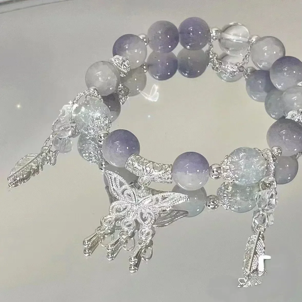 Korean Pink Crystal Flowers Butterfly Pendant Beaded Bracelet For Women Sweet Beads Chain Bracelets Girlfriend Jewelry Gifts