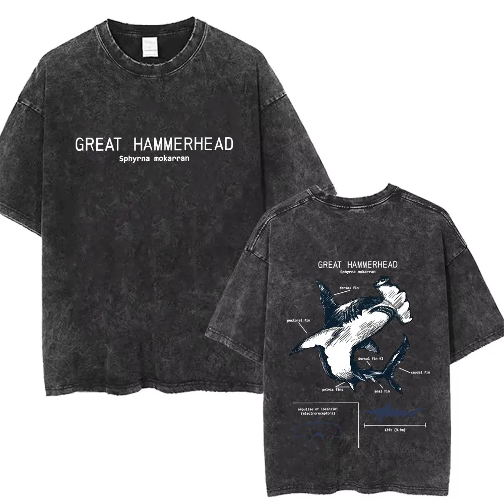 Vintage Washed Marine Animals Whale Shark Anatomy Graphic T-shirt Men Women Casual T Shirts Male Fashion Oversized Streetwear