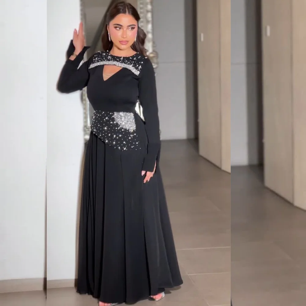 

Customized Modern Style Jersey Sequined Pleat A-line Scoop Neck Long Dresses Bespoke Occasion Exquisite