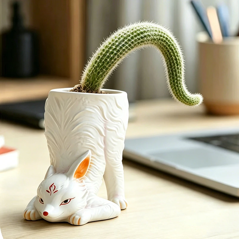 Resin Fox Shaped Succulent Planter Cute White Nine Tails Fox Flower Pot for Monkey Tail Cactus Indoor Plant Home Decor Fashion