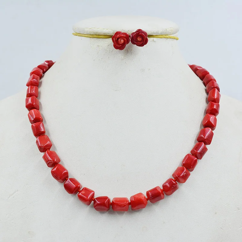 

10mm Natural Red Coral Necklace Earring Set 18"