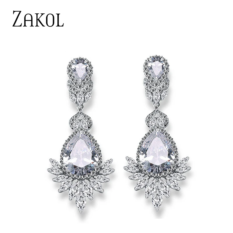 ZAKOL Vintage Chandelier Bridal Wedding Earrings for Women Luxury Water Drop Cubic Zirconia Dangle Earring Fashion Jewelry