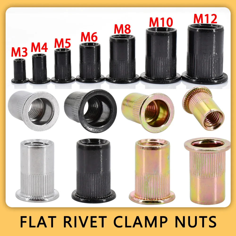 60/100Pcs Flat Rivet Nut Carbon/Stainless Steel Pop Rivets Metric Thread Metal Panel Clamp Lock Aluminum Rivnuts M3 M4 M5 M6 M8