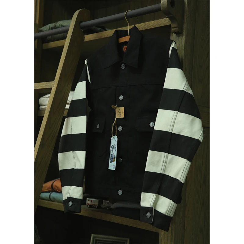 

BOB DONG Black White Stripes 507XX Canvas Jacket Vintage Rugged Style Biker Coat Men