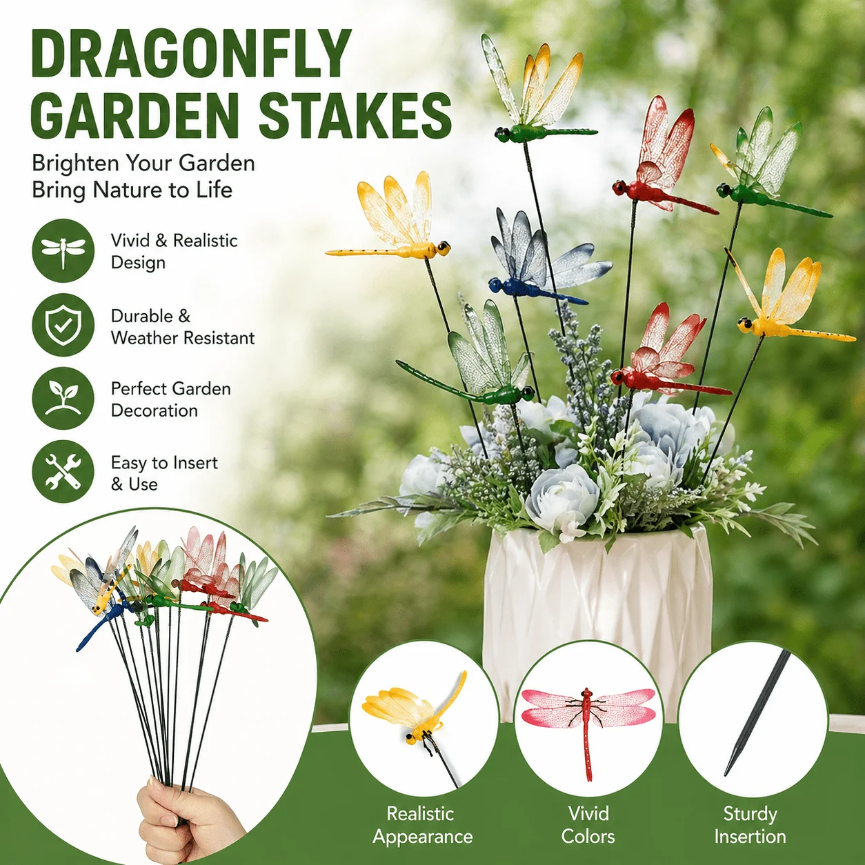 12-piece outdoor decorative 3D dragonfly garden stakes, rustic plastic garden ornaments, patio and home decor