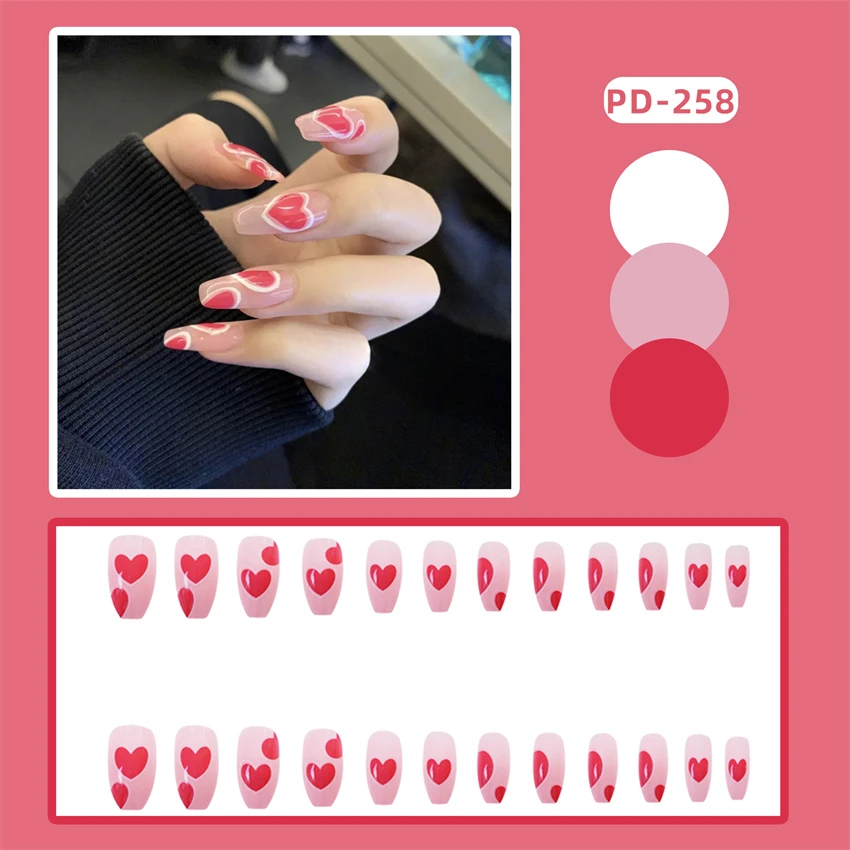 24Pcs/Set French Round Wearing False Nails Full Coverage Adhesive Press on Nails Removable Artificial Acrylic Fake Nails Tips