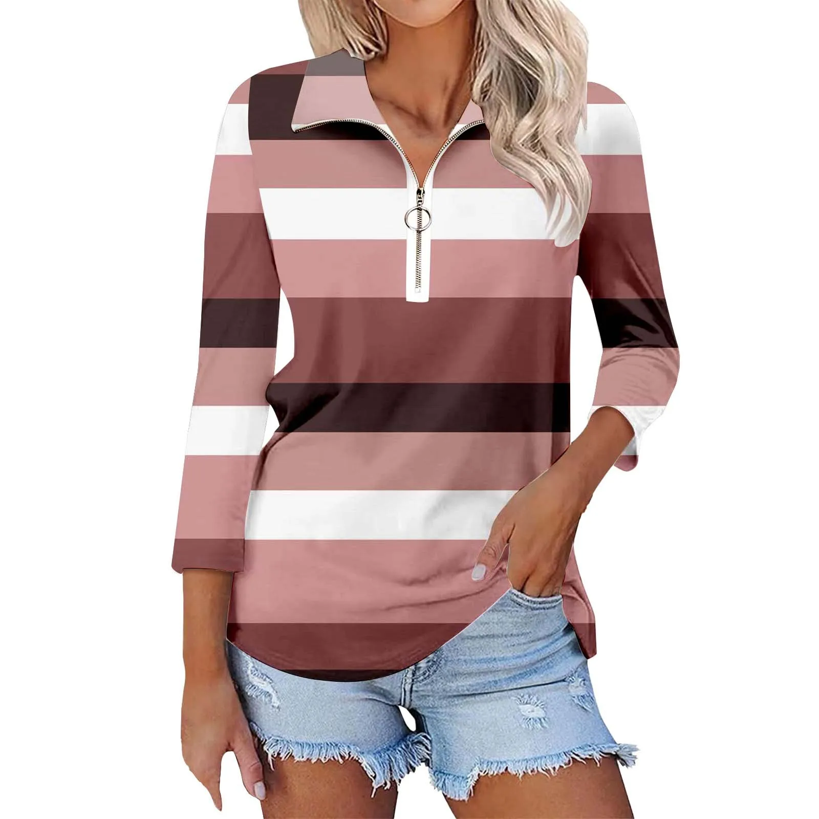 2024 Blouse Women autumn Casual T-shirts Fashion Stripe Printed Top Tees 3/4 Sleeve Streetwear Basic Zipper V-Neck Tops