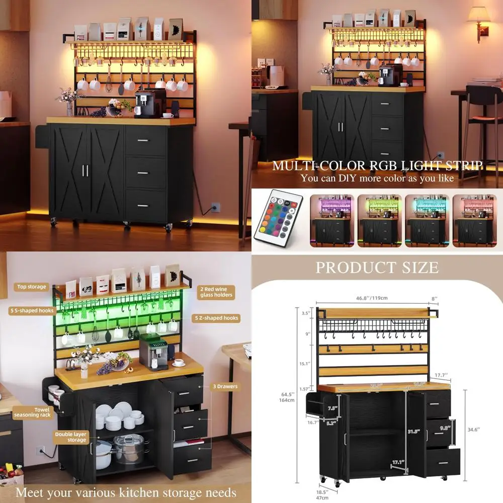 farmhouse coffee bar cabinet with power outlet and led, 53 inch wine bar cabinet with storage, tall shelf on wheels, 3 drawers,