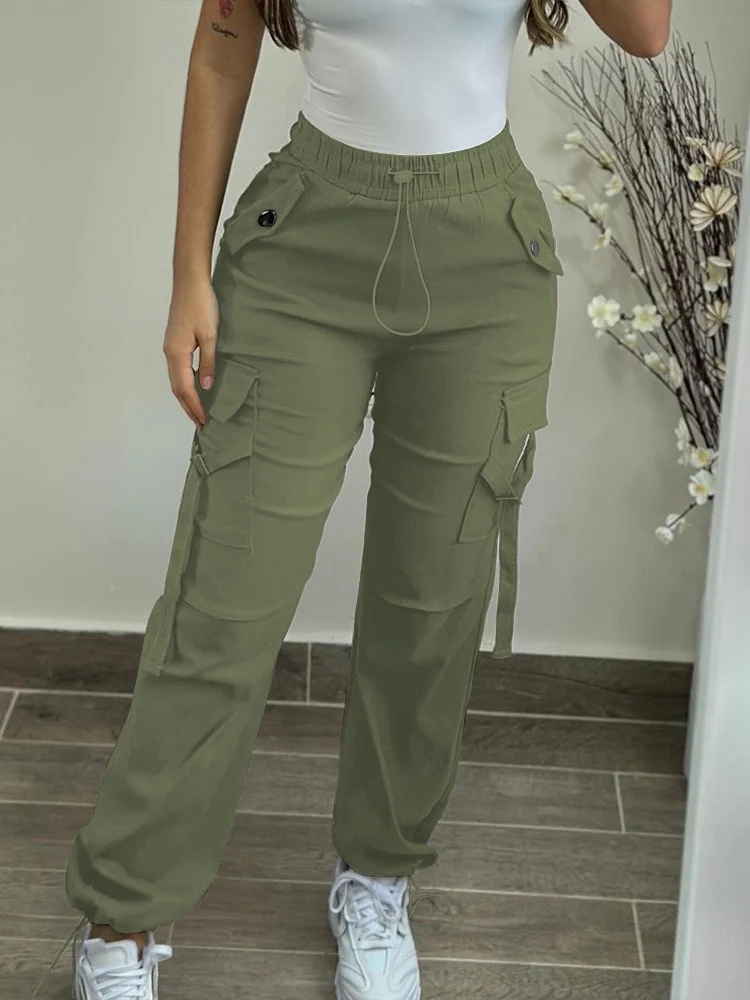 Damen Cargo hose Frühlings mode Street Pocket Design Kordel zug Manschetten hose Damen täglich lässig schlichte lange Hose