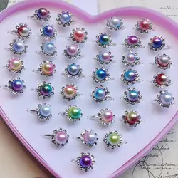 10pcs/Lot Big Pearl Rhinestone Flower Rings for Kids Girls Colored Bead Charm Alloy Finger Ring Child Jewelry Without box