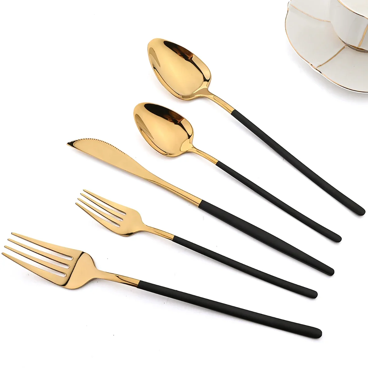 30Pcs Dinnerware Sets 18/10 Stainless Steel Cutlery Knife Dessert Fork Spoon Tableware Black Gold Flatware Kitchen Silverware