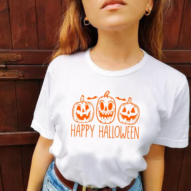 Wesołego Halloween śmieszne dynia twarz drukuj kobiety t-shirty Wicca ubrania festiwal moda zimowa kobiet koszulki pomarańczowy O Neck topy