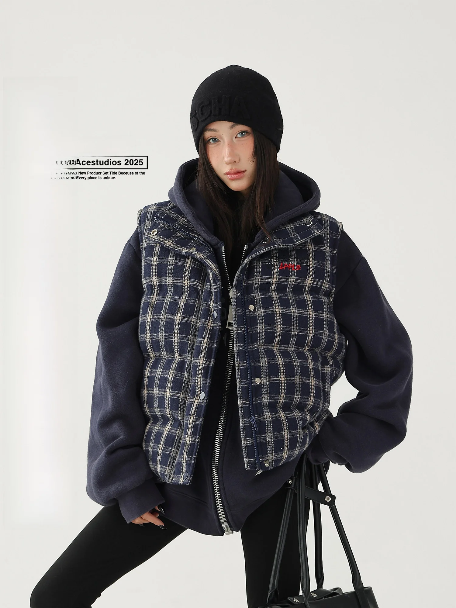 

Жилет AceStudios в стиле ретро в клетку с утолщенной хлопковой подкладкой и воротником-стойкой, свободный крой, с подплечниками, женская верхняя одежда