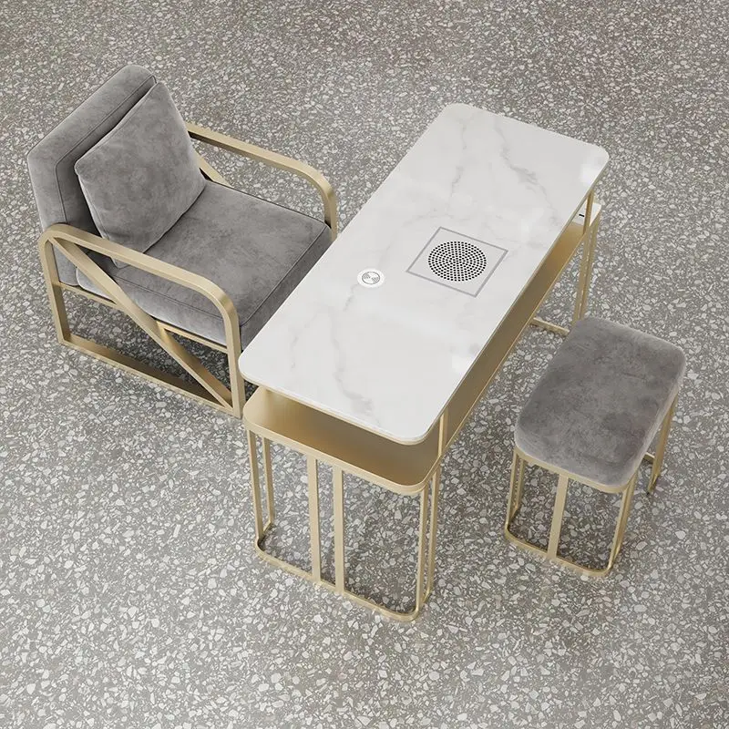 Stainless Steel Marble Top Salon Furniture Studio New Luxury Modern Nail Art Equipment Two-seater Nail Salon Table