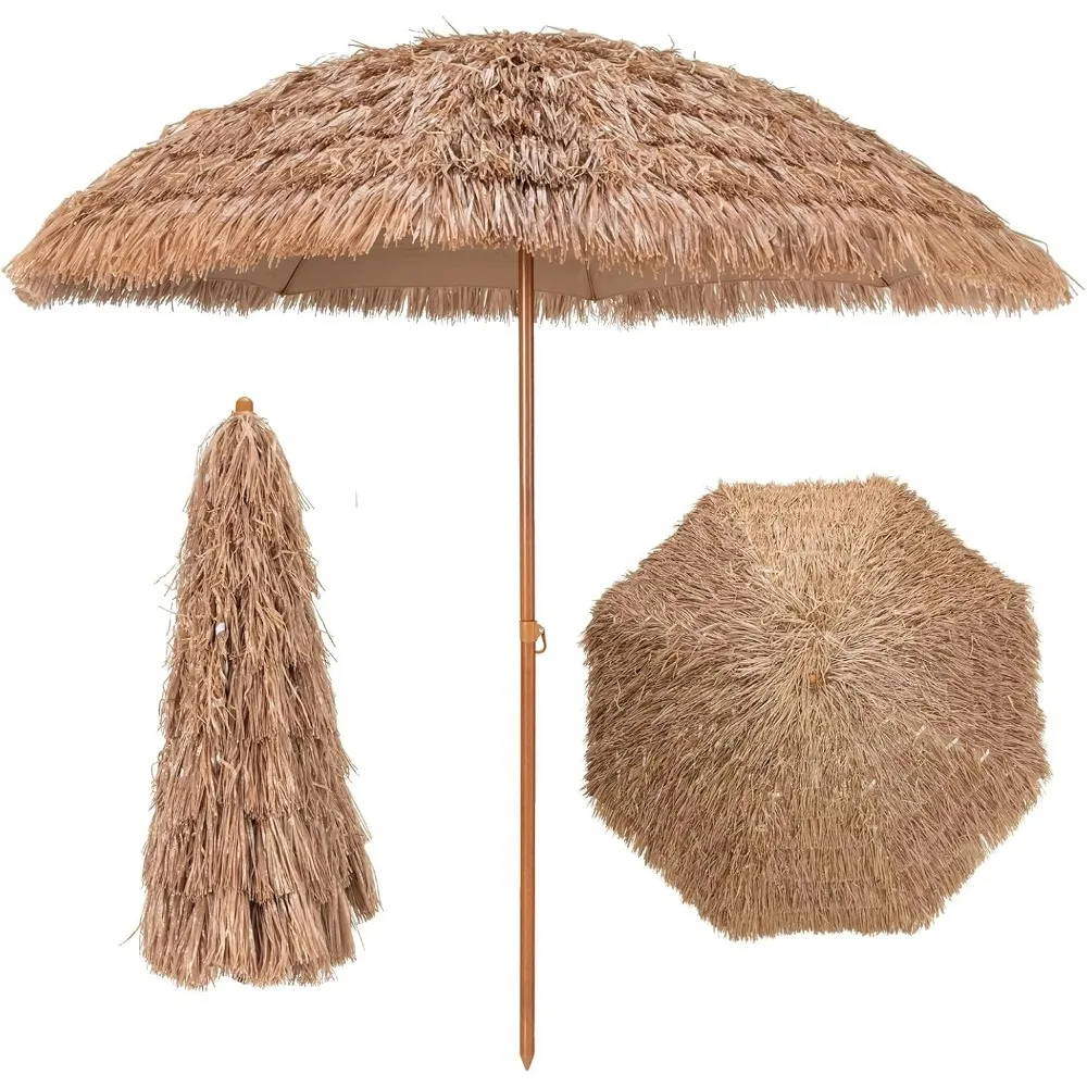 Hawaii-Sonnenschirm, Strohschirm, Durchmesser 243 cm, Strandschirm, Bast mit 8 Rippen, tragbar,