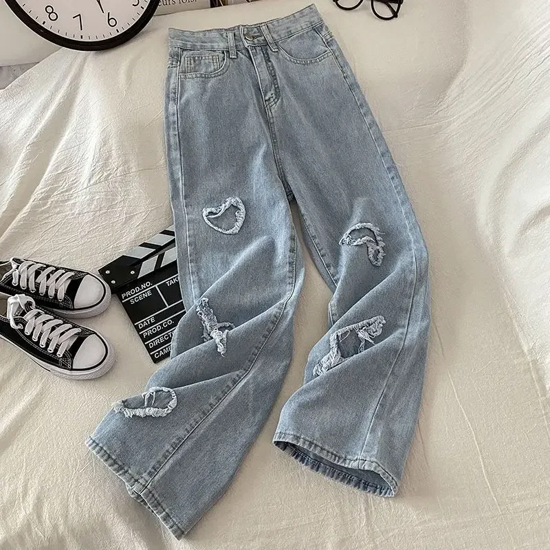 Heart Ripped High Waist Embroidery Jeans Denim Ankle-Length Pants Retro Wide Leg Pant Women Y2k Streetwear Chic Summer Belt