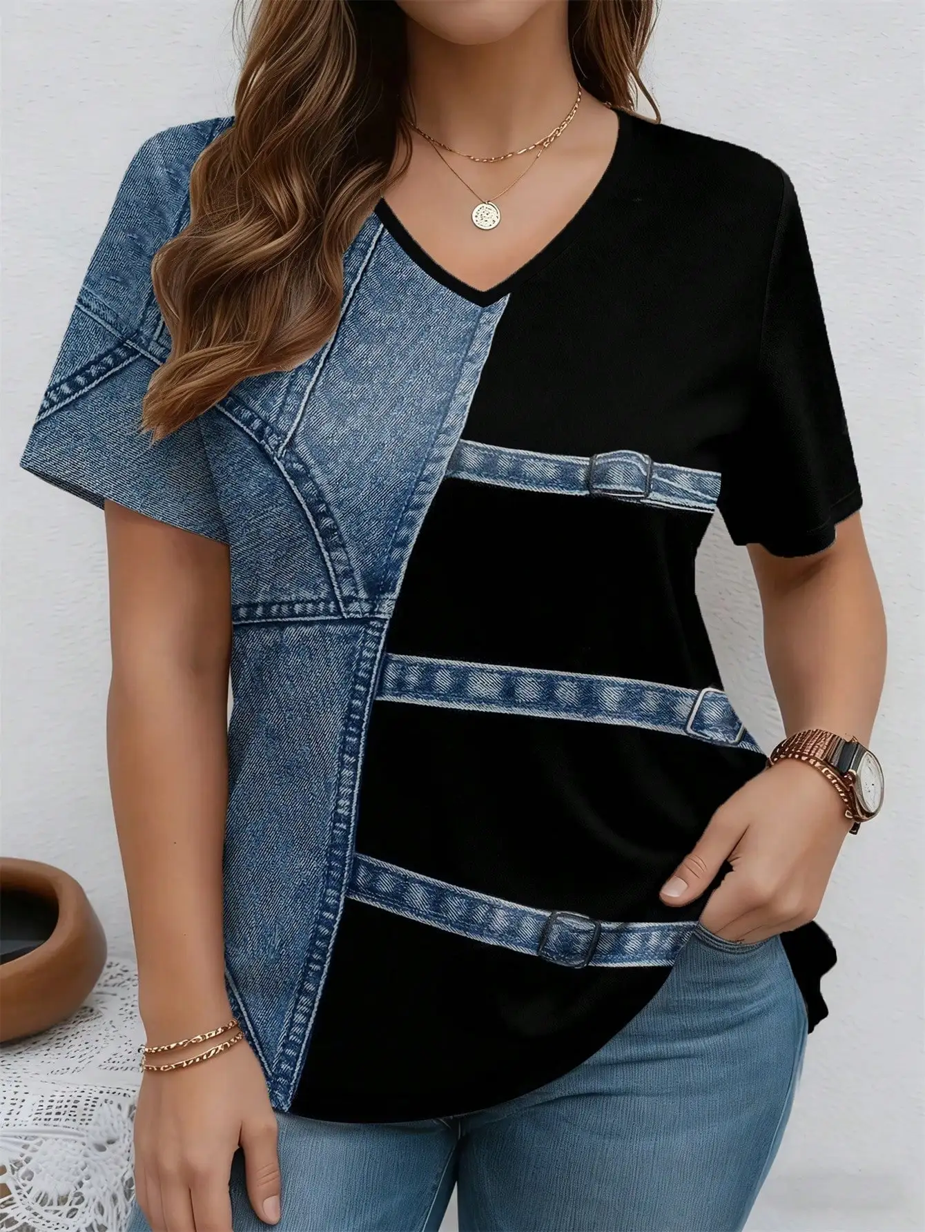 Summer casual fashion imitation denim print V-neck short sleeved commuting versatile T-shirt