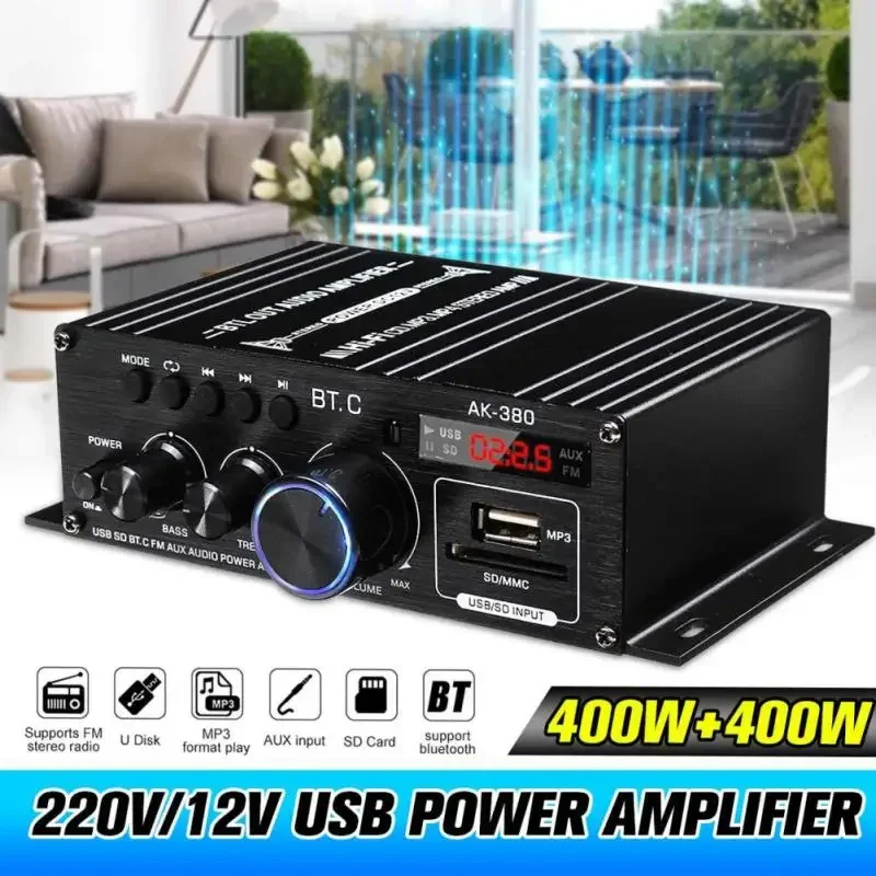 

AK380 12V Power Amplifier Audio Karaoke Home Theater Amplifier 2 Channel Bluetooth-compatible Class D Amplifier USB/SD AUX Input