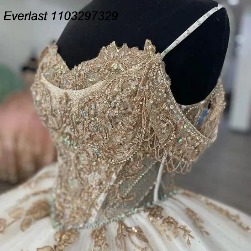 EVLAST-Vestido De quinceañera brillante, Vestido De baile, apliques De encaje champán, lentejuelas De cuentas, corsé De México dulce 16, 15 años, TQD499