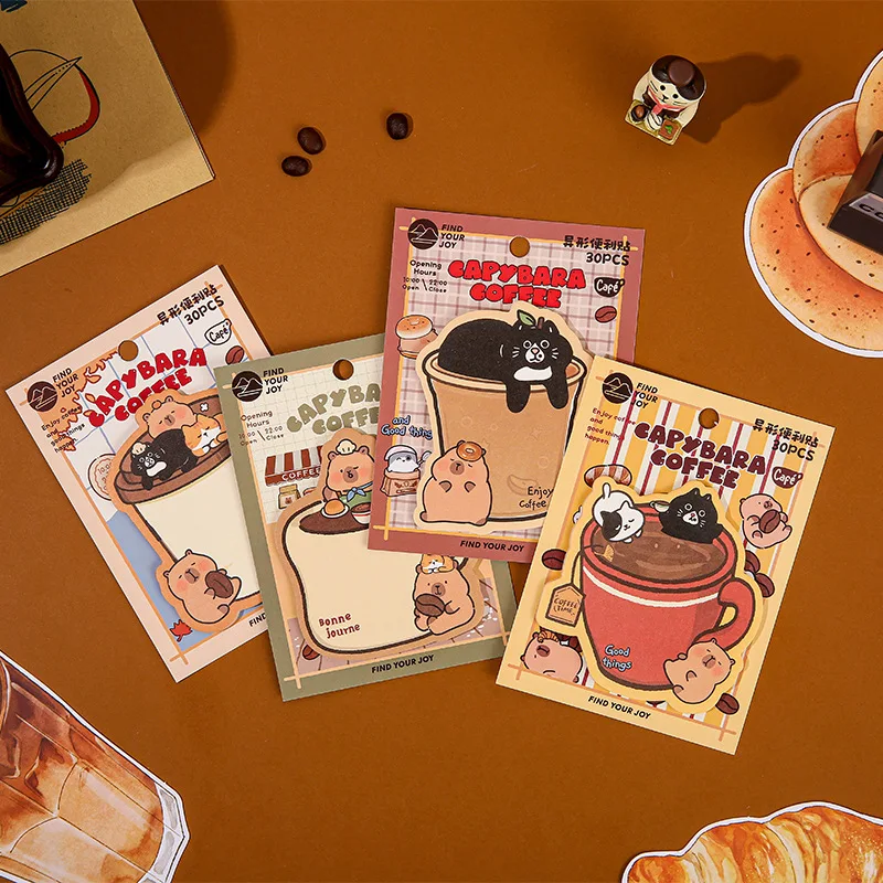30 Buah/Set Catatan Tempel Kopi Kapibara Kartun Lucu Kartun Siswa Jurnal Meninggalkan Pesan Bantalan Memo Catatan Tempel untuk Siswa
