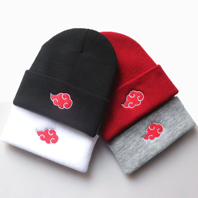 Red Cloud Pattern Embroidery Knitted Beanie Anime Style Geometric Logo Skull Cap Winter Warm Unisex Plain Hat Casual Streetwear
