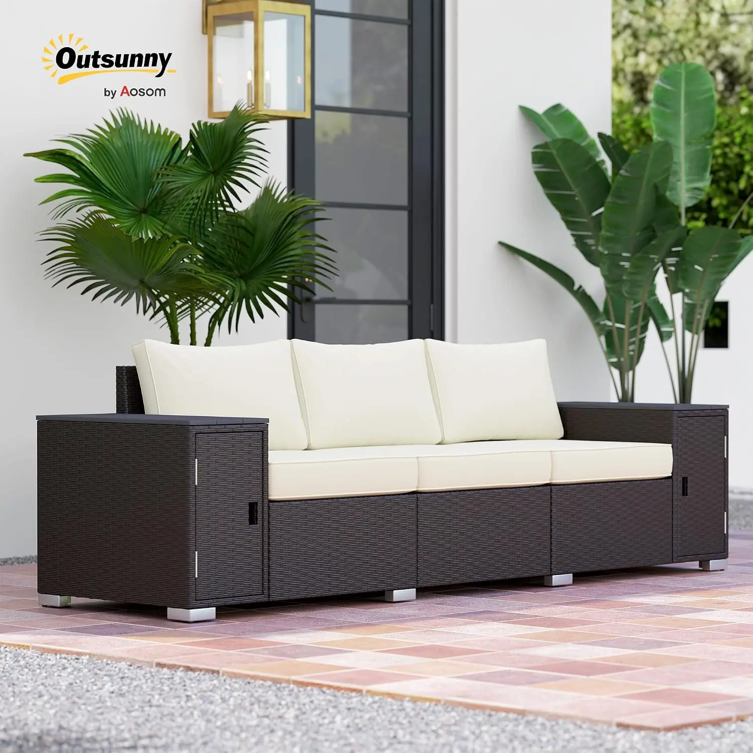 3 Seater Wicker Sofa with 2 Storage Side Tables Cream White/Brown | Thickened Cushions, Wide Armrests, Rattan Patio, Customized