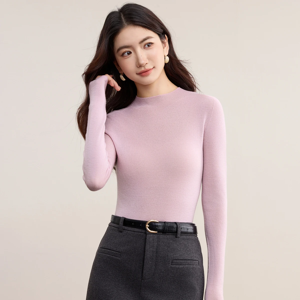 

SENTUBILA Winter Woman 100% Wool Cardigan Casual Solid Slim Fit Sweater 2025 Autumn Office Lady Female Mock Neck Tops W53HG3062