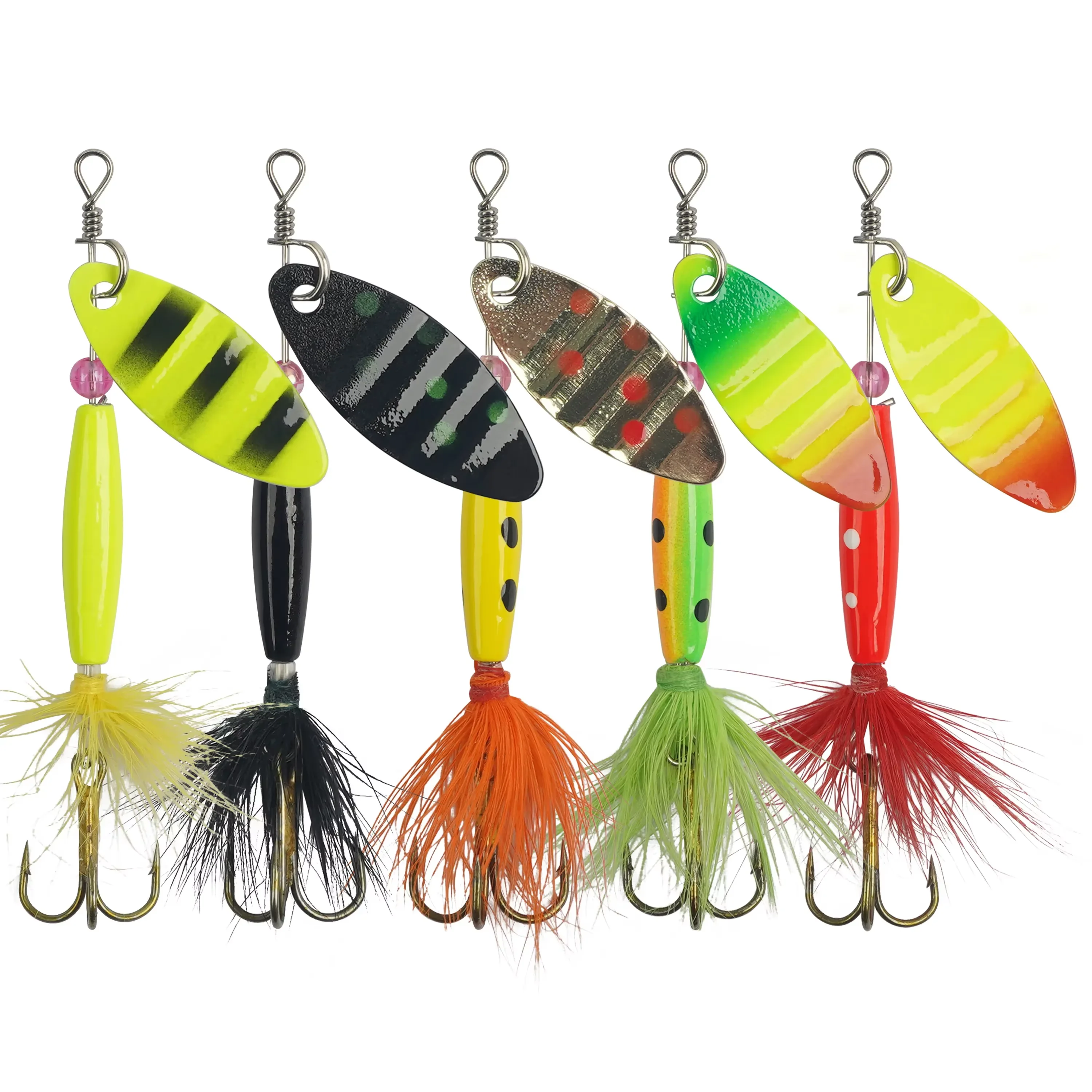 Kit de 5 señuelos de pesca artificiales de metal y plástico para agua salada, tipo spinner y cuchara, para especies de agua media en ríos y lagos: lubina, salmón, lucio.