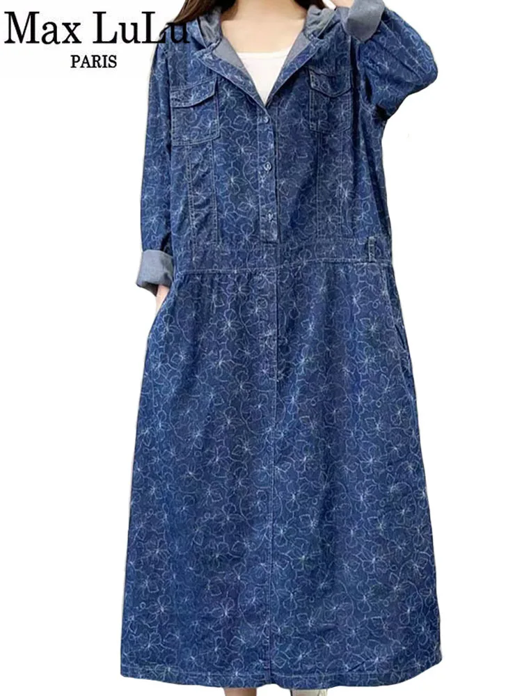 Max LuLu Spring 2023 Korean Women Fashion Casual Punk Denim Dresses Ladies Luxury Vintage Classic Loose Hooded Harajuku Vestidos