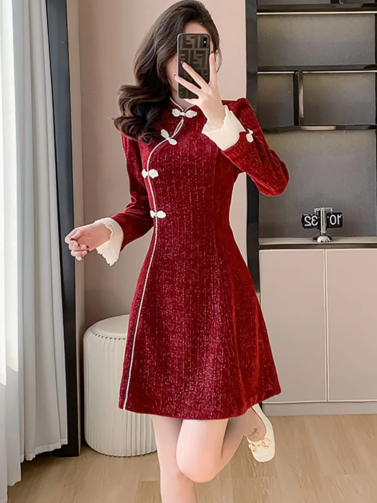 Czerwona sukienka mini z długim rękawem i stójką, dopasowana do ciała, elegancka, luksusowa, idealna na imprezę, jesień-zima, koreański szyk, sukienki na studniówkę, 2025