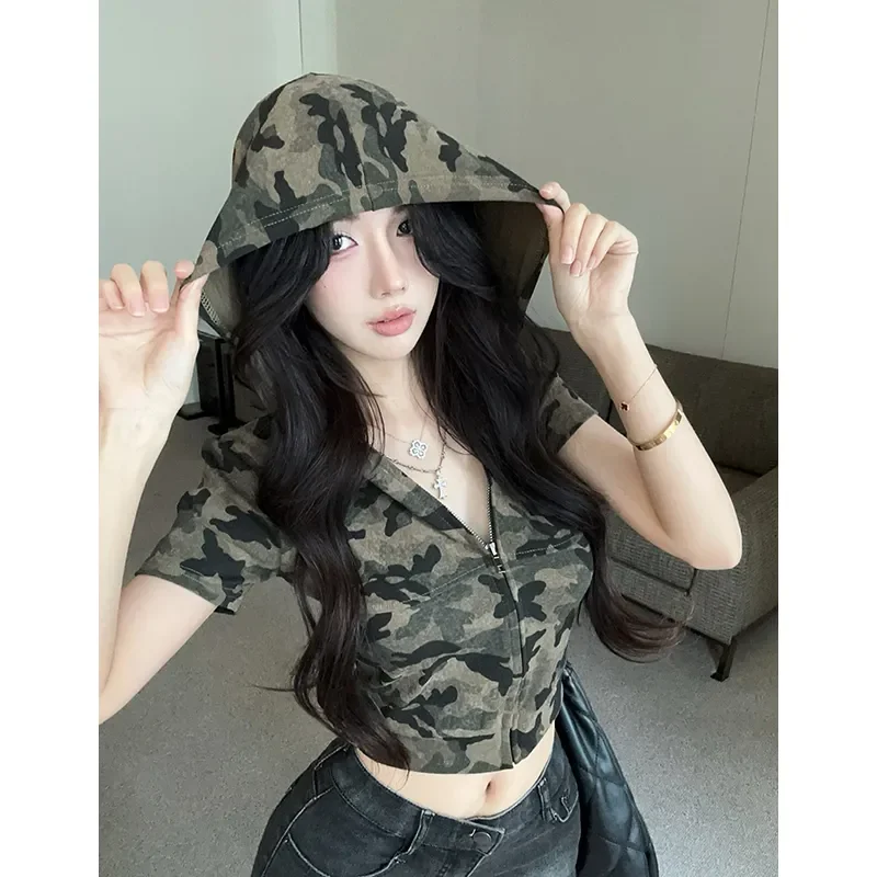 Women's Summer Slim Camo Hooded Short-Sleeve T-Shirt, Stand Collar Full-Zip Short Sleeve Shirt, Ladies Casual Outfit