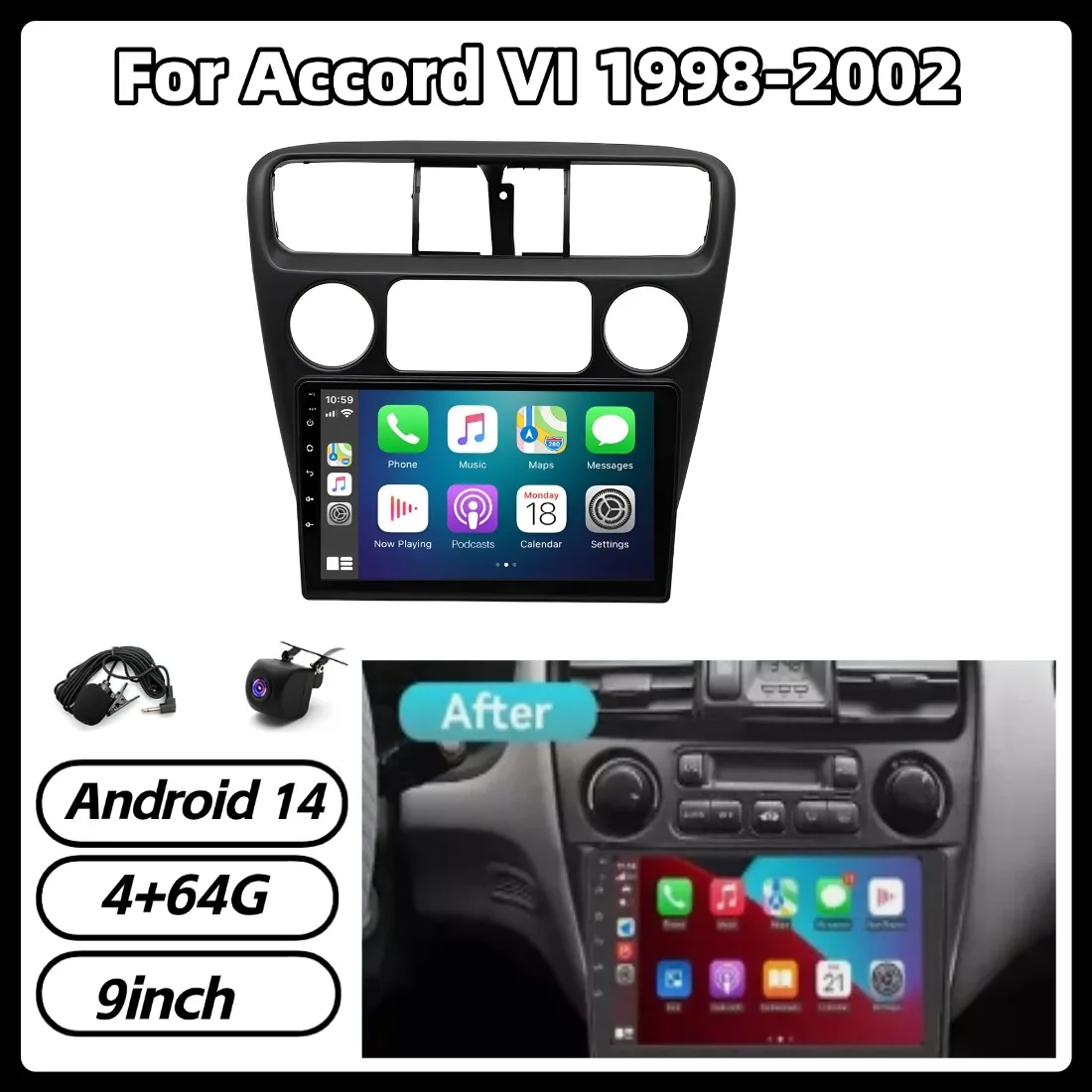 

9-дюймовая автомобильная магнитола для Accord VI 1998-2002, Android 14, с поддержкой CarPlay, GPS-навигации, Android Auto, Bluetooth