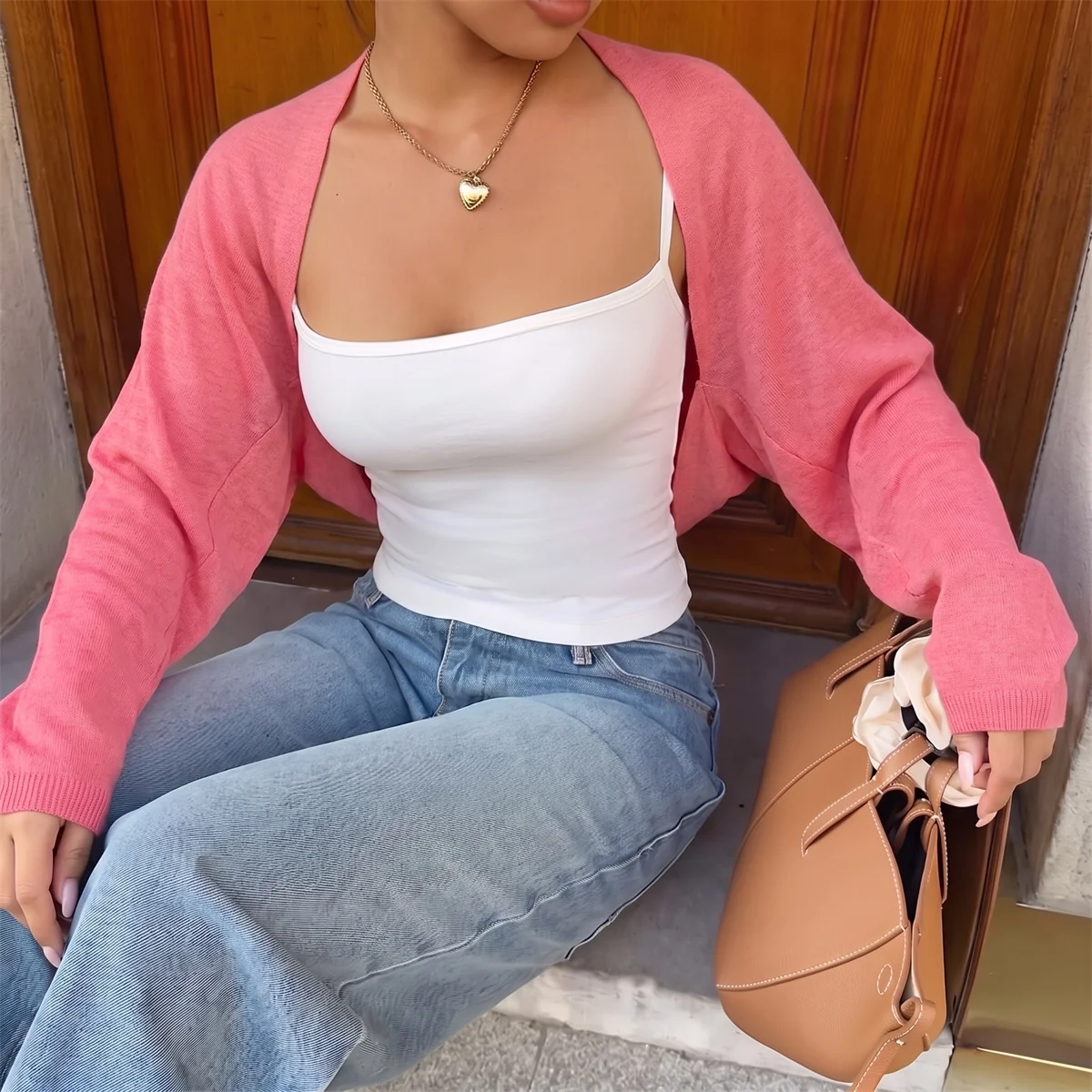 Women Versatile Solid Slub Cotton Shrug Shawl Batwing Sleeve Cropped Knit Shoulder Cover Elegant For Daily And Holiday Outfit