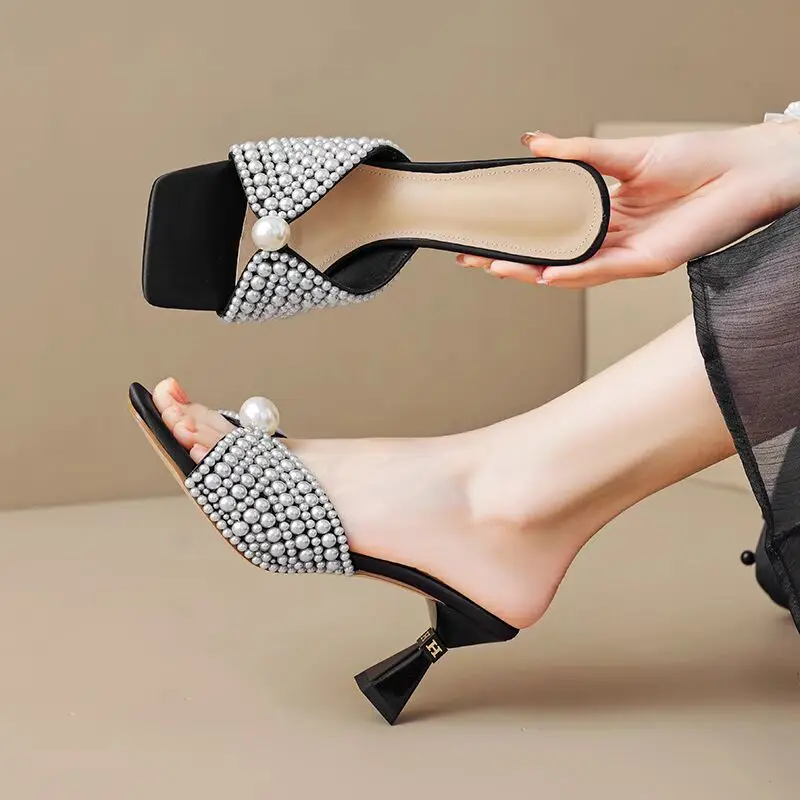 Aphixta Luxus Perlen Frauen High Heels Mule Sandale Karree Elegante Frau Sommer Schuhe Spike Ferse Mode Schuhe für Frau