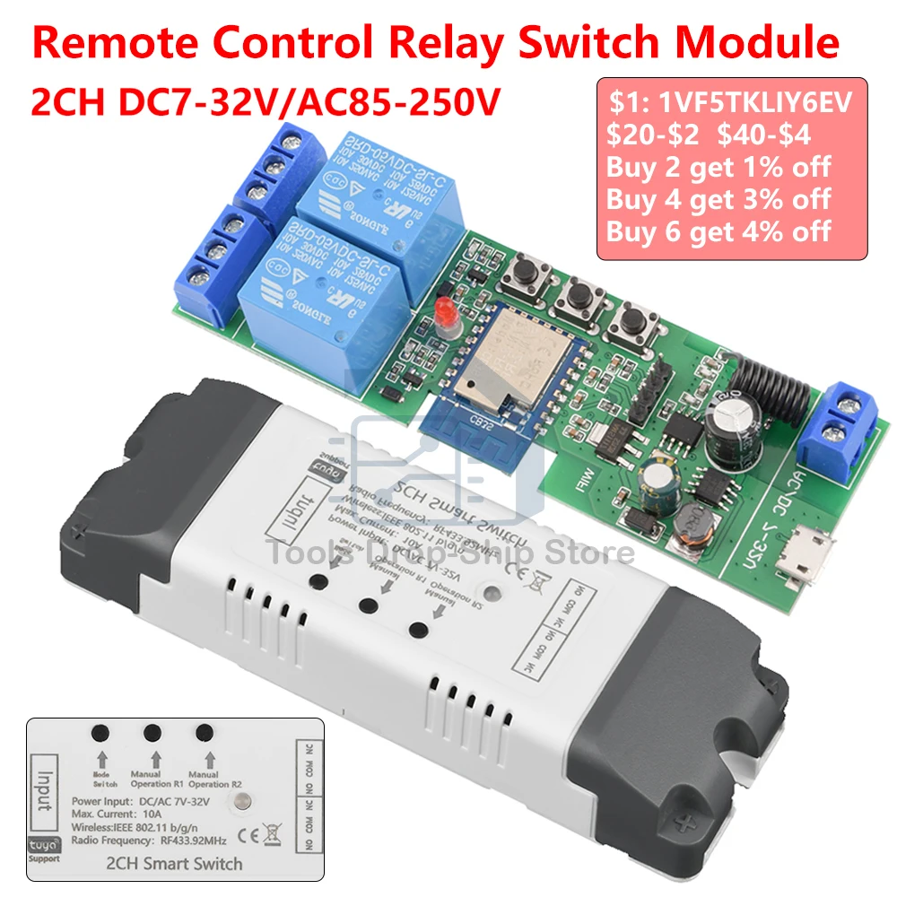 

Smart Remote Control Wireless Wifi Switch Module 2CH DC7-32V/AC85-250V 433MHz RF Receiver 10A wifi Relay