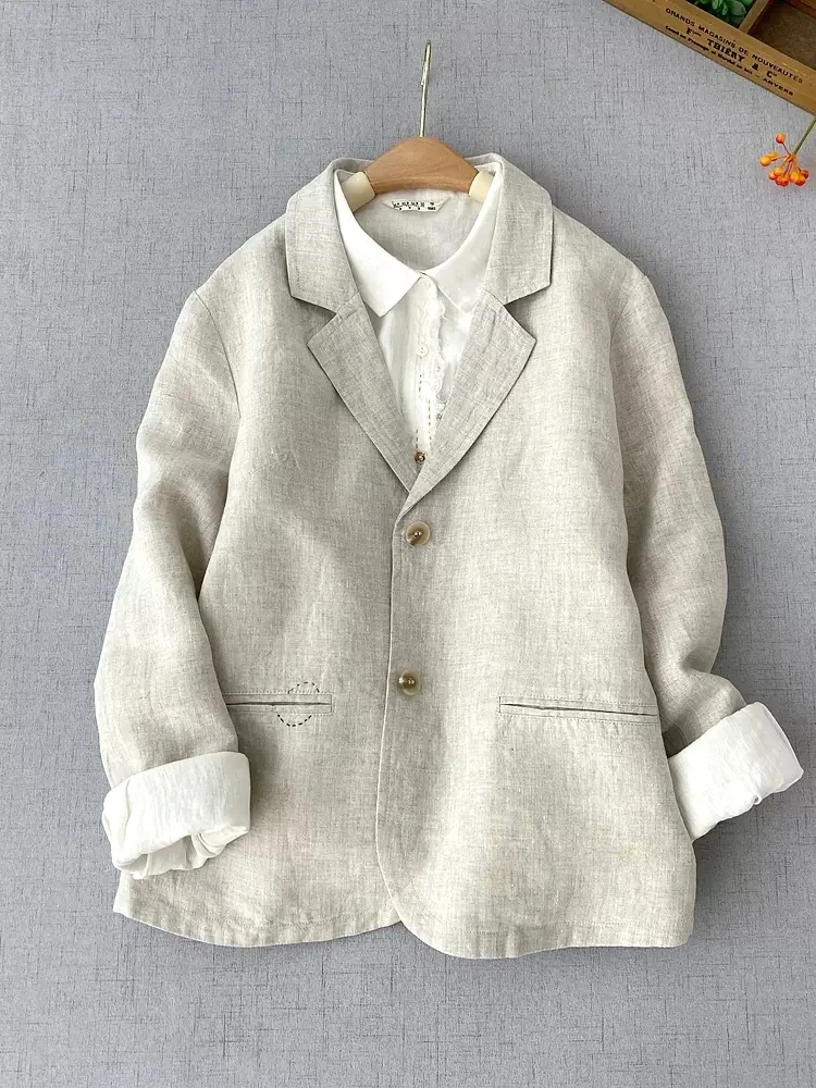 98cm Bust / Spring Autumn Women Casual All-match Loose Japanese Style Brief Comfortable Water Washed Linen Blazer Coats