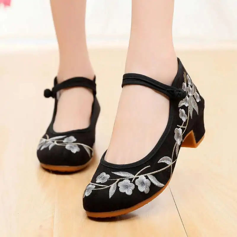 

Женская тканевая обувь с вышивкой в китайском стиле, весна/лето, туфли Hanfu на среднем каблуке с круглым носком в стиле ретро, Zapatos Mujer