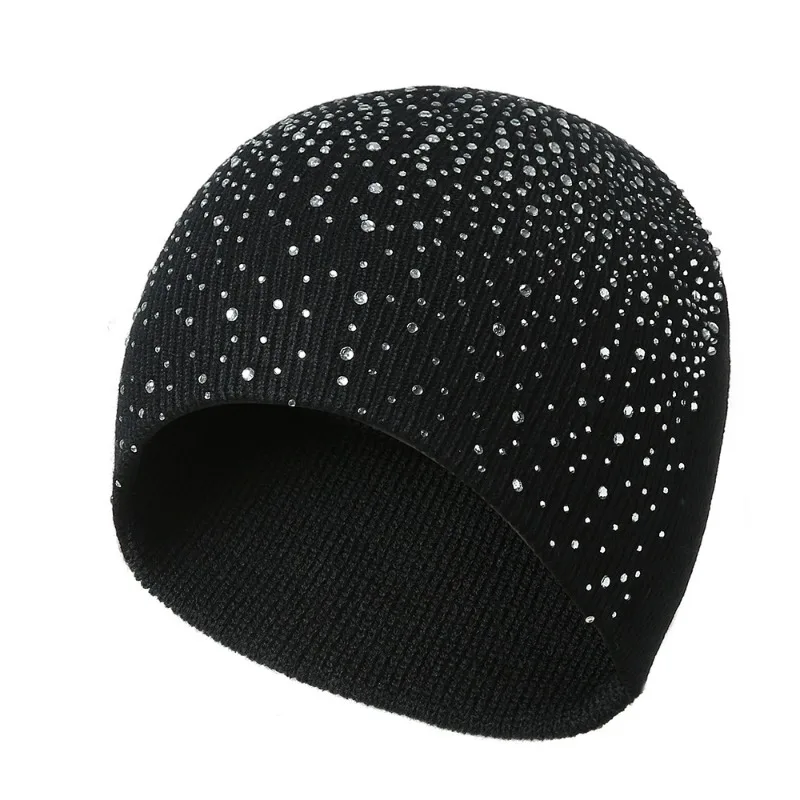 Ladies Glitter Rhinestone Studded Knitted Beanie Soft Elastic Close‑Fitting Winter Cap Accessory for Night Out Holiday Gathering