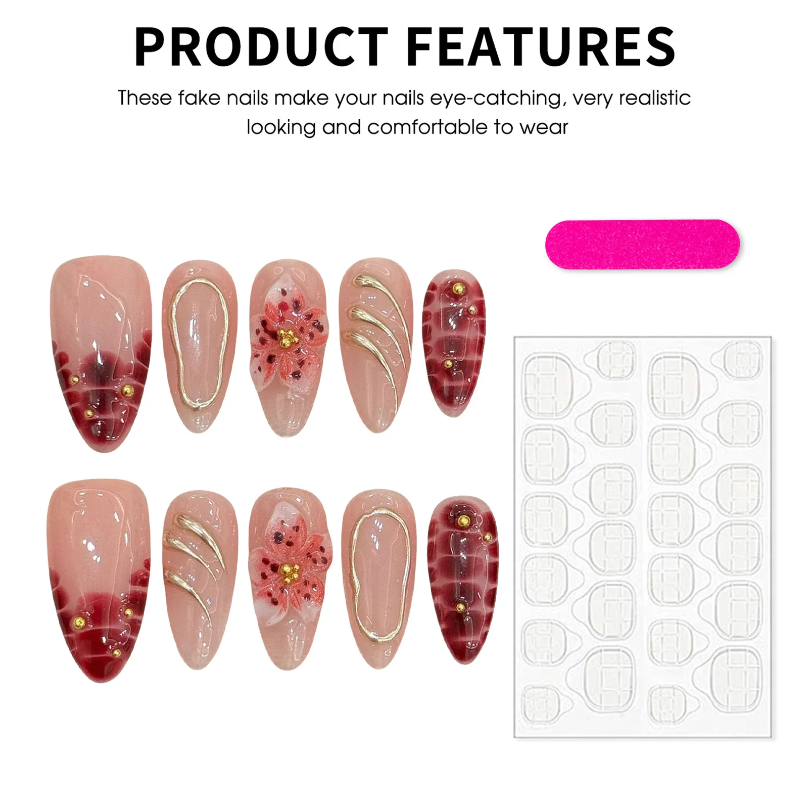 10 stuks krokodillenprint Franse stijl druk op nagels 3D snijwerk duivel bloem handgemaakte kunstnagels gouden streep pittige meisjes nep nagel